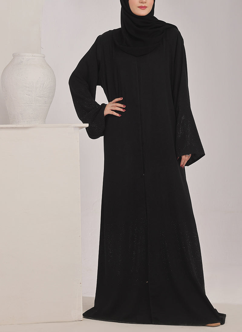 Stone work Front Open Black Nida Abaya - 0121-C-1024