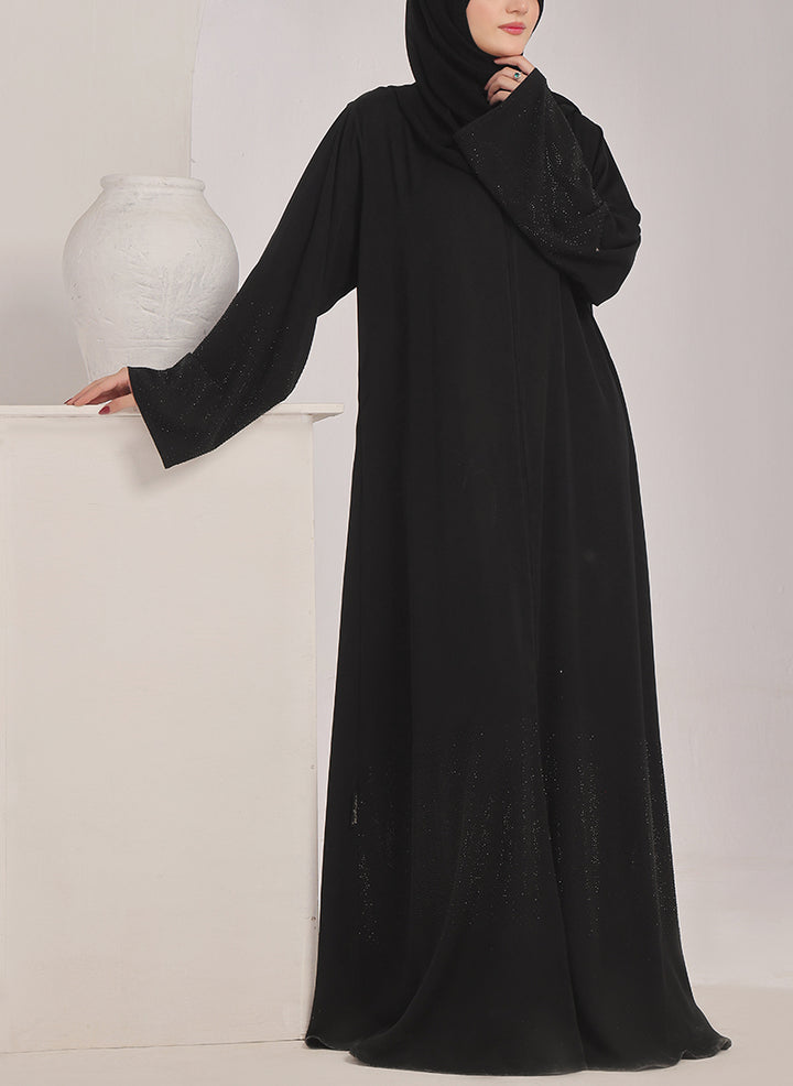 Stone work Front Open Black Nida Abaya - 0121-C-1024