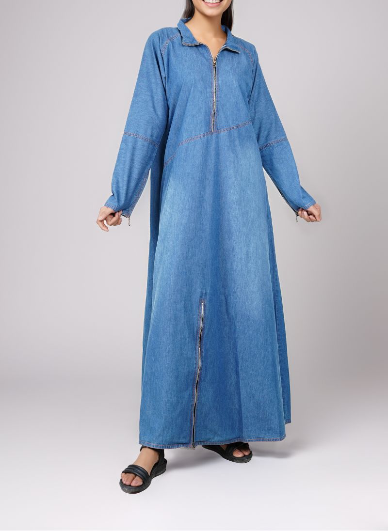 Zip Front-Open Denim Abaya - 0120-R-193