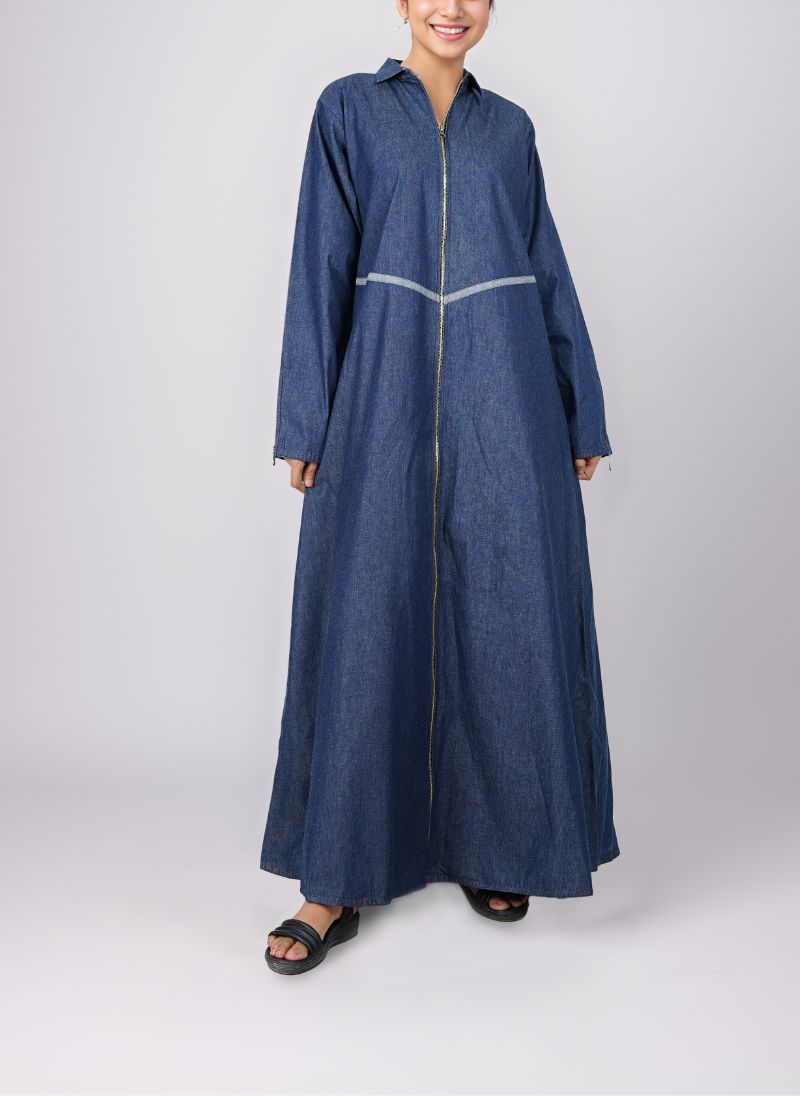 Front Zipper Denim Abaya - 0119-R-990