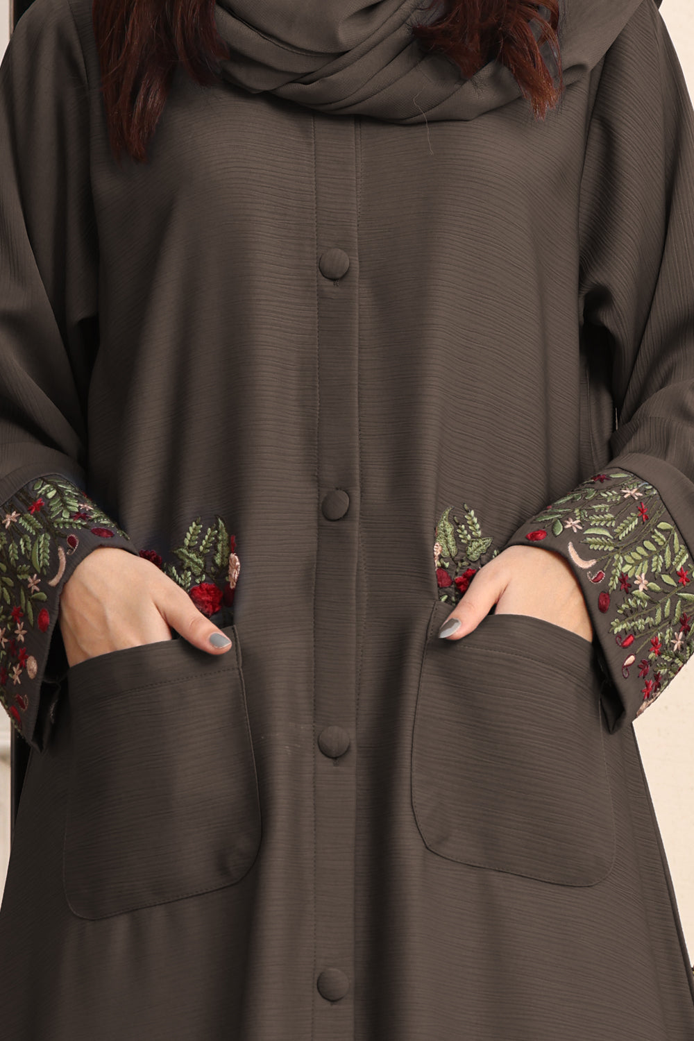 Front Open Brown Zoom Embroidered Abaya  0118-K-752