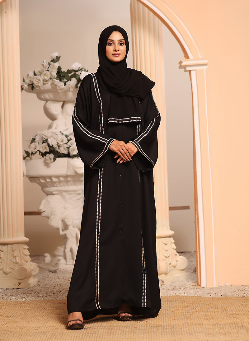 Black Nida Fabric Front Open Machine Embroidery Abaya