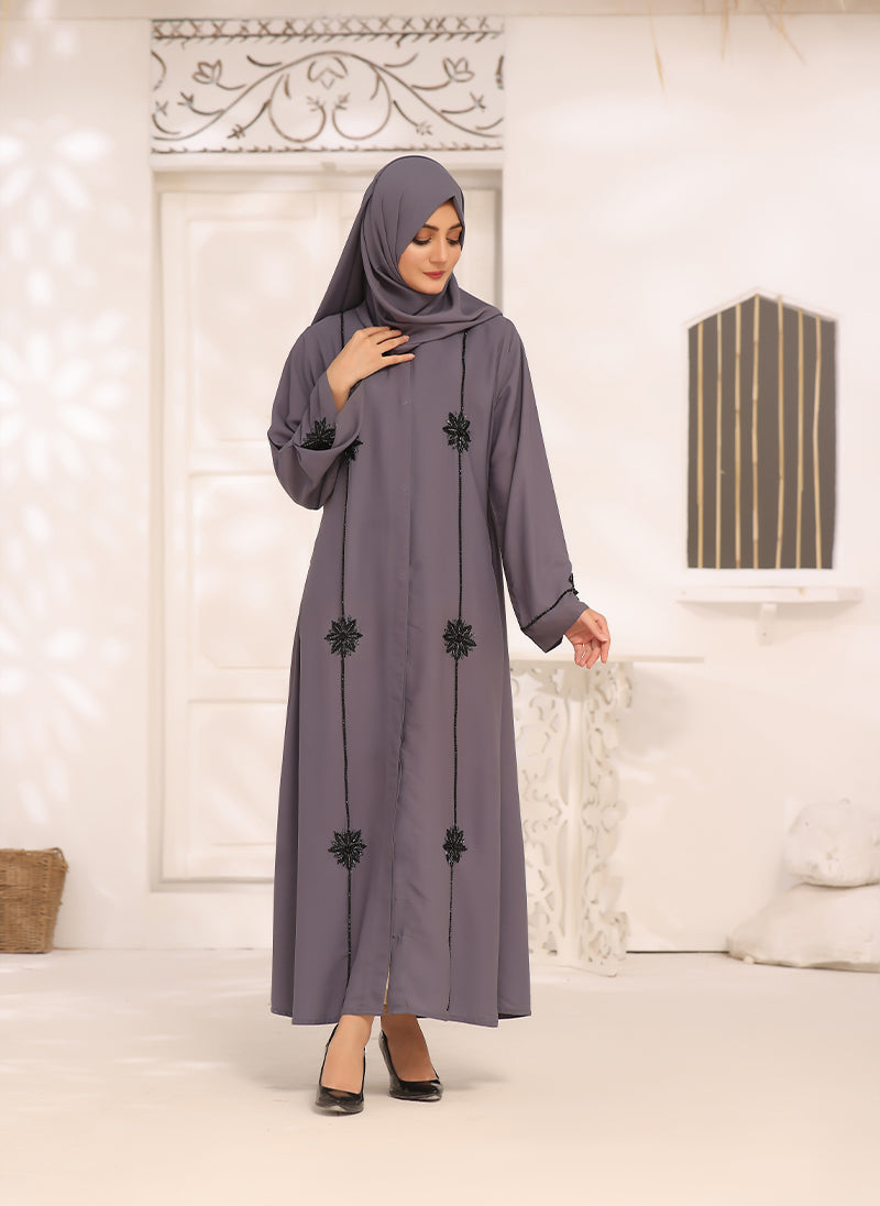 Ash Grey Double Georgette Front Open Stone Work Abaya