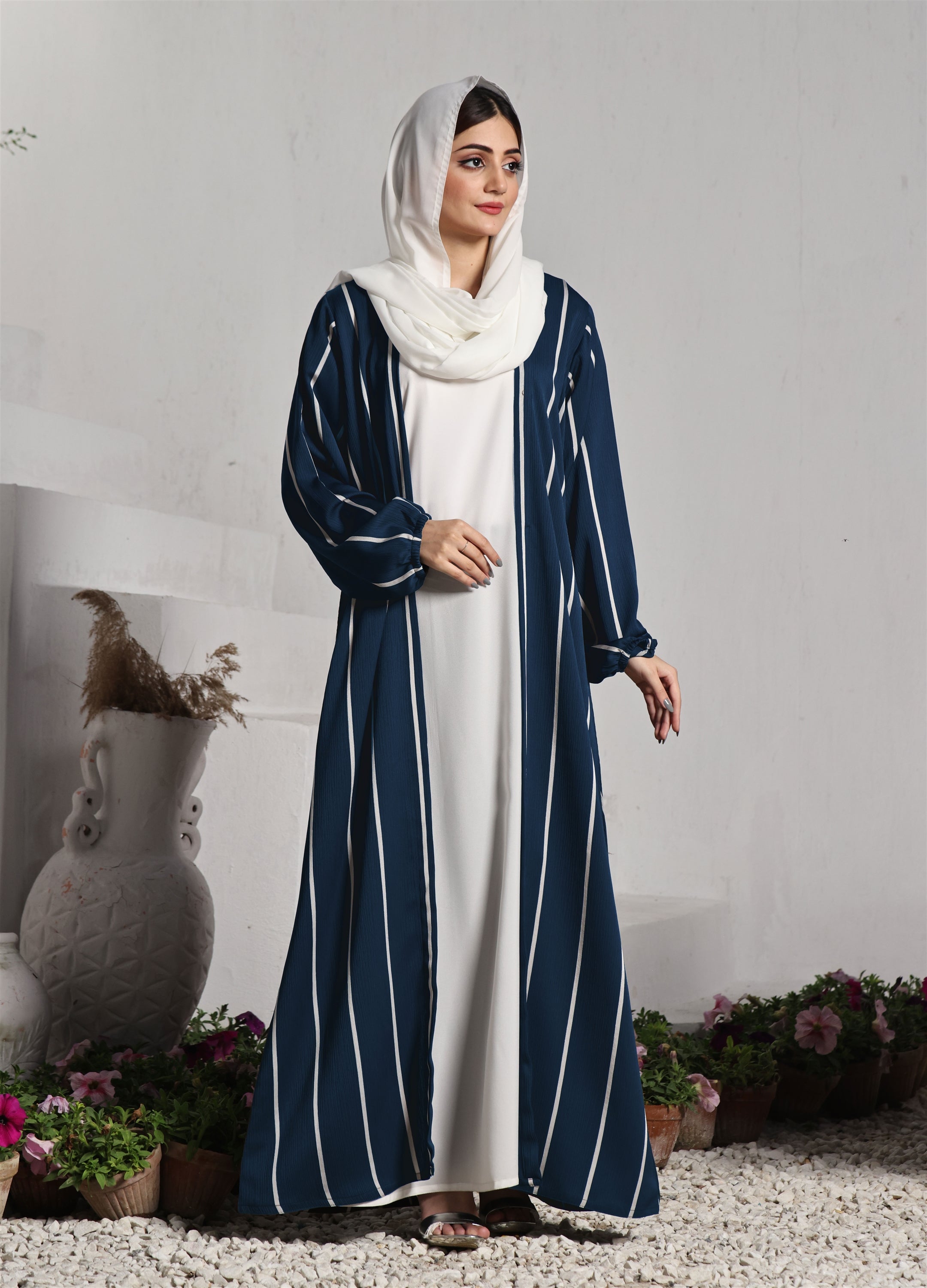 Front Close Double Breast Zoom Fabric Zinc Abaya (0122-P-712)