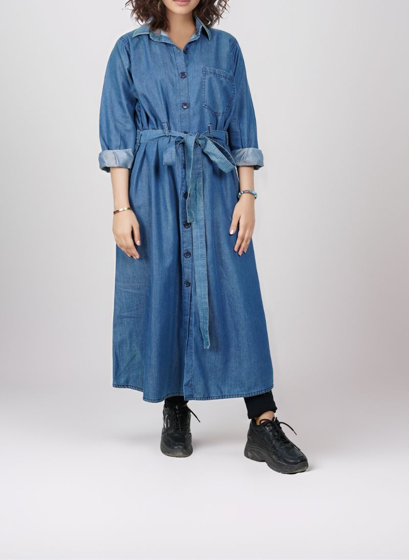 Front-Open Trench Coat Denim Abaya - 0119-R