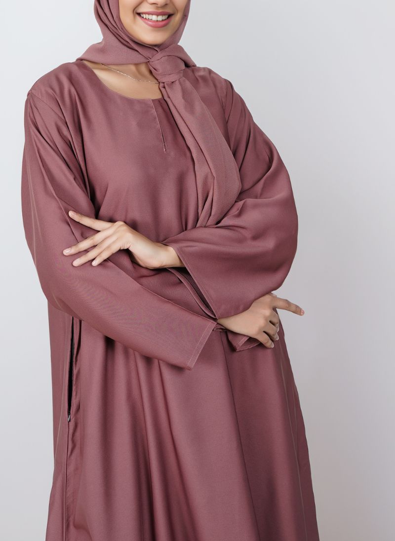 Tea Pink Nida Plain Round Neck Front Close Abaya - 0120-P