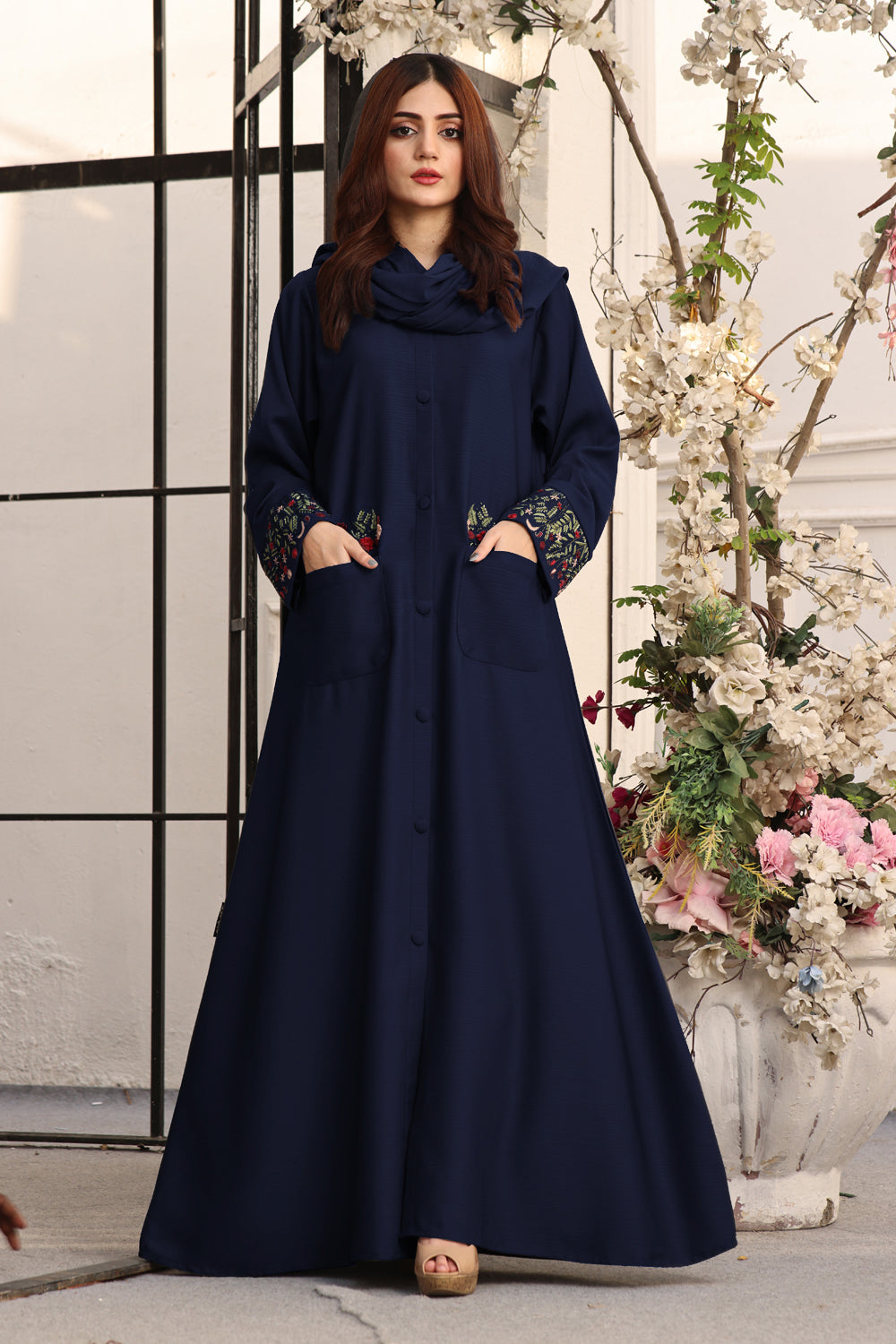 Front Open Brown Zoom Embroidered Abaya  0118-K-752