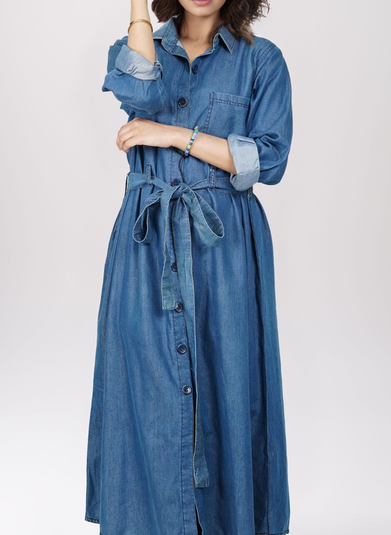 Front-Open Trench Coat Denim Abaya - 0119-R-1012