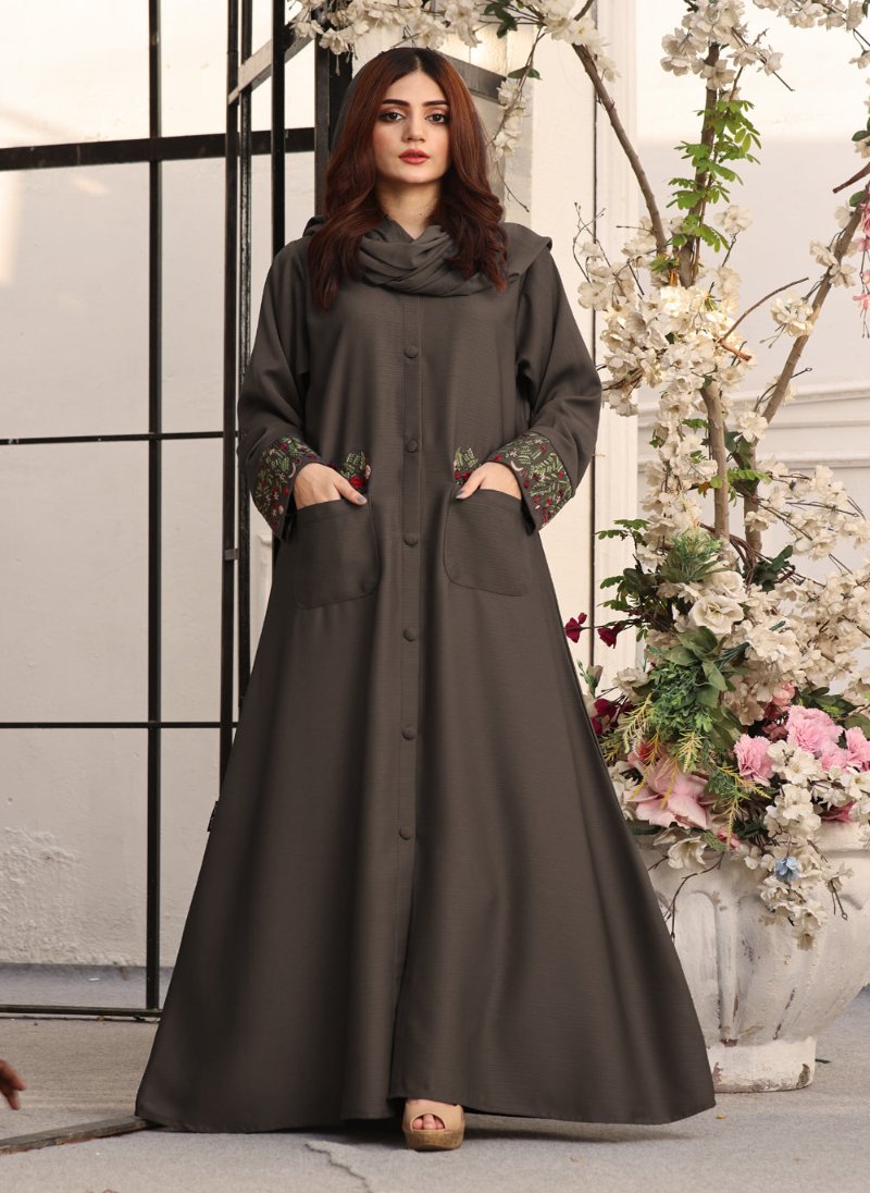 Front Open Brown Zoom Embroidered Abaya  0118-K-752