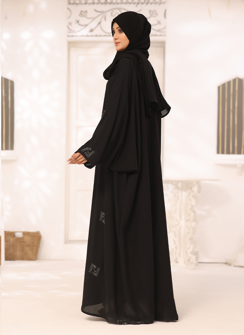 Nooriya: Black Nida Fabric Jilbab with Stone Work Jilbab