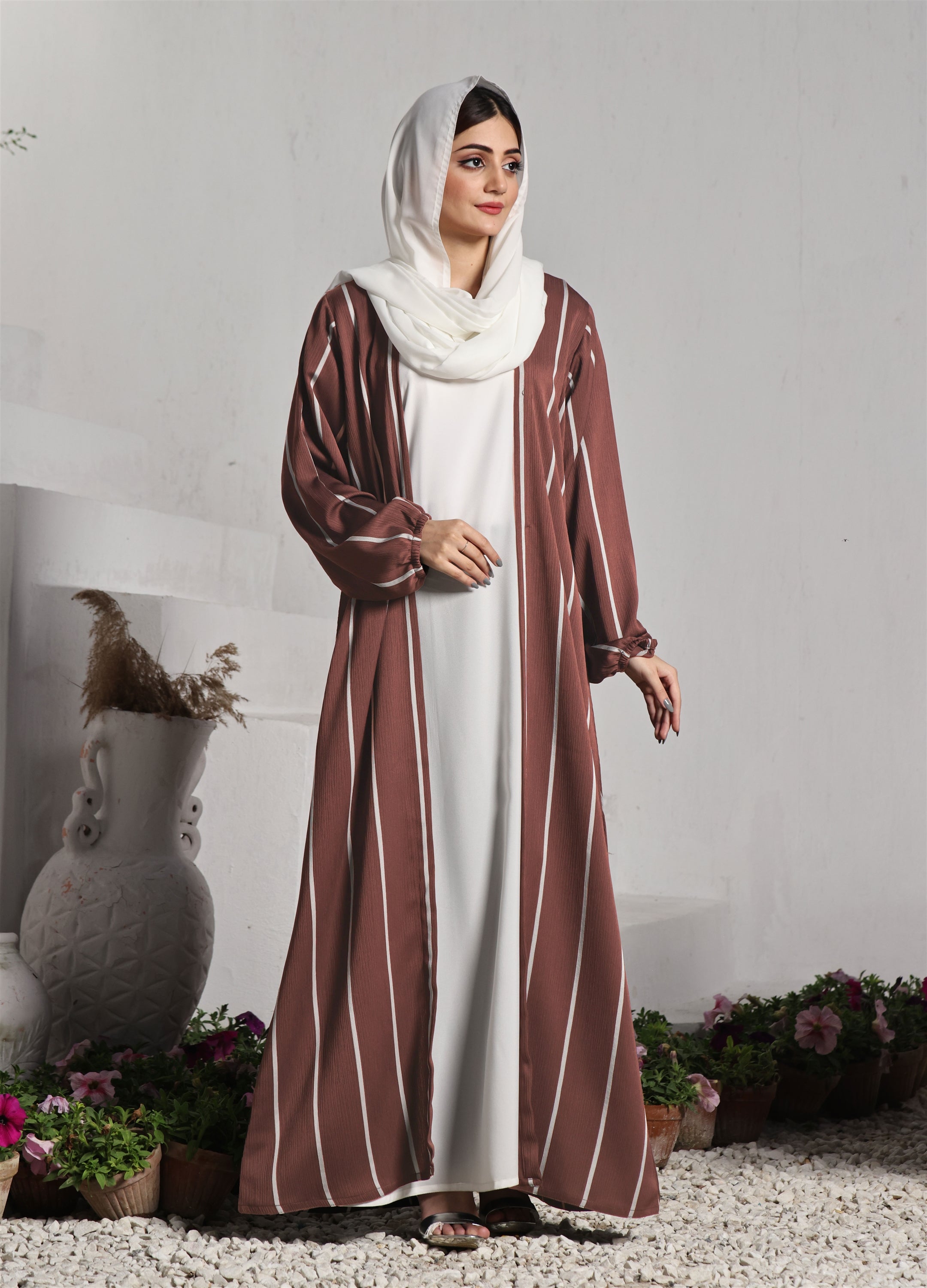 Front Close Double Breast Zoom Fabric Tea Pink Abaya (0122-P-712)