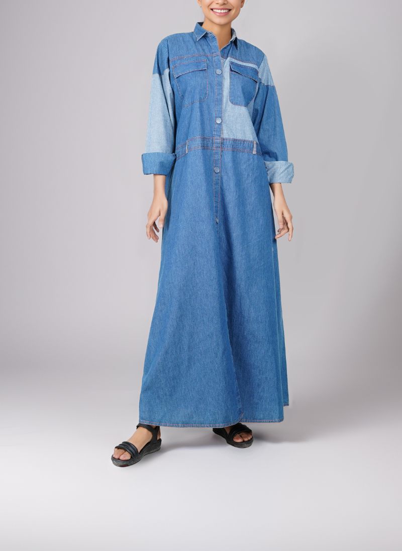 Flap Pocket Denim Abaya - 0119-R-192