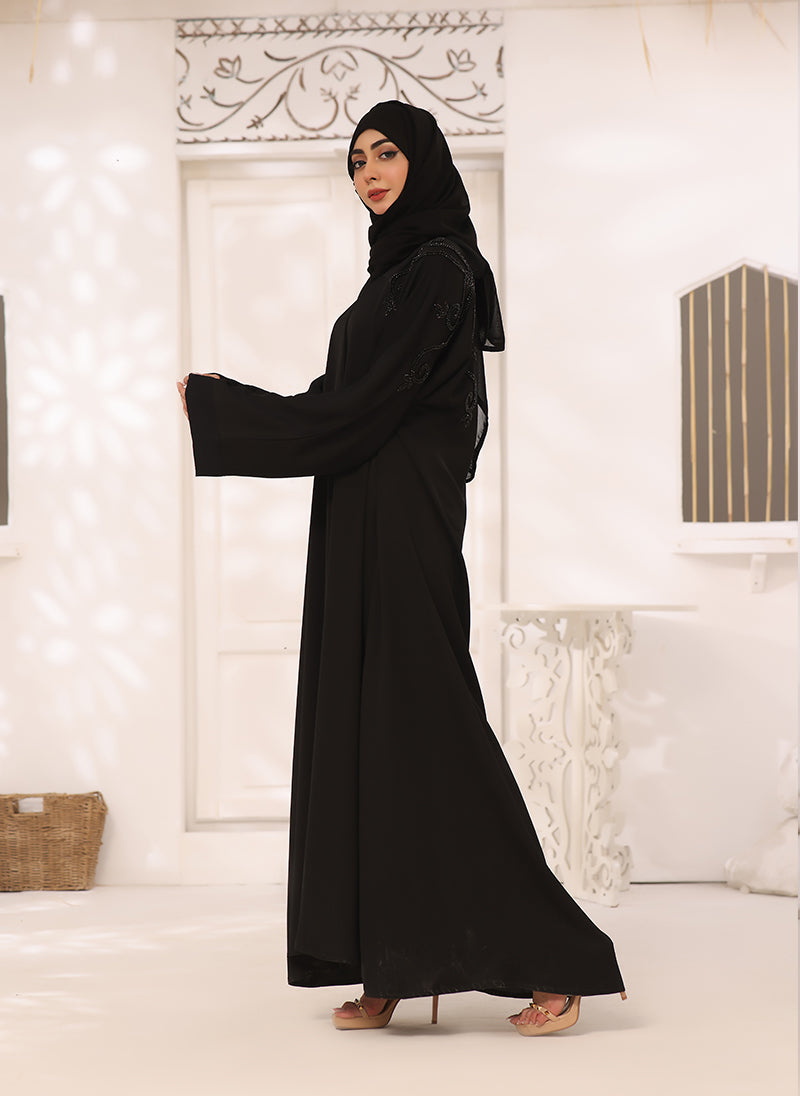 Nooriya: Black Nida Fabric Hand Work Front Open Abaya
