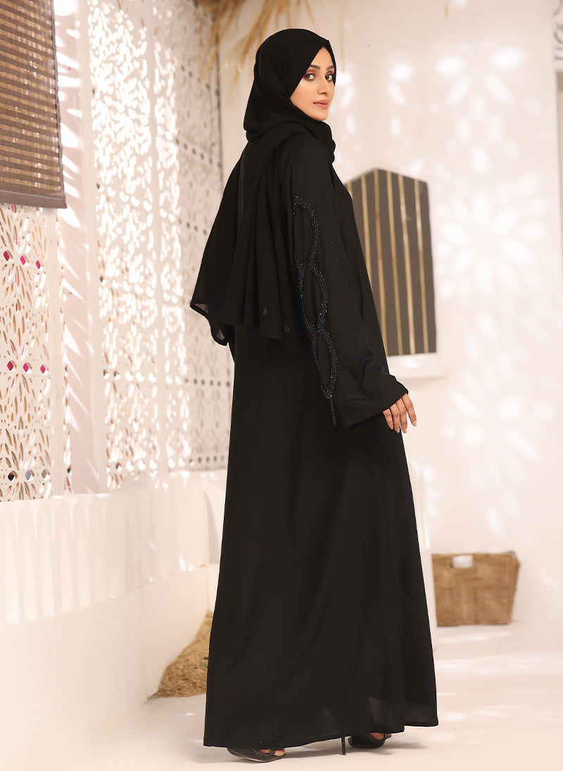 Nooriya: Black Nida Fabric Front Open Hand Embroidery Abaya