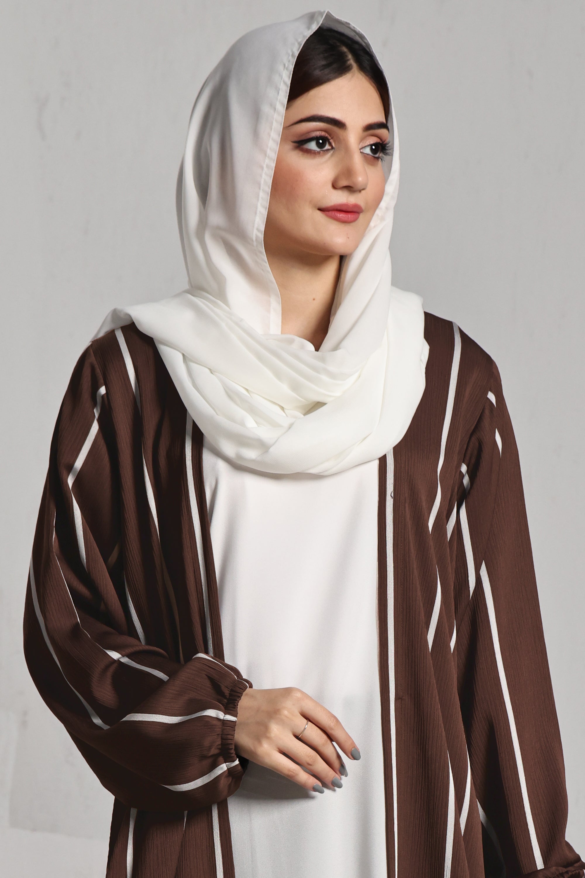 Front Close Double Breast Zoom Fabric Light Brown Abaya (0122-P-712)