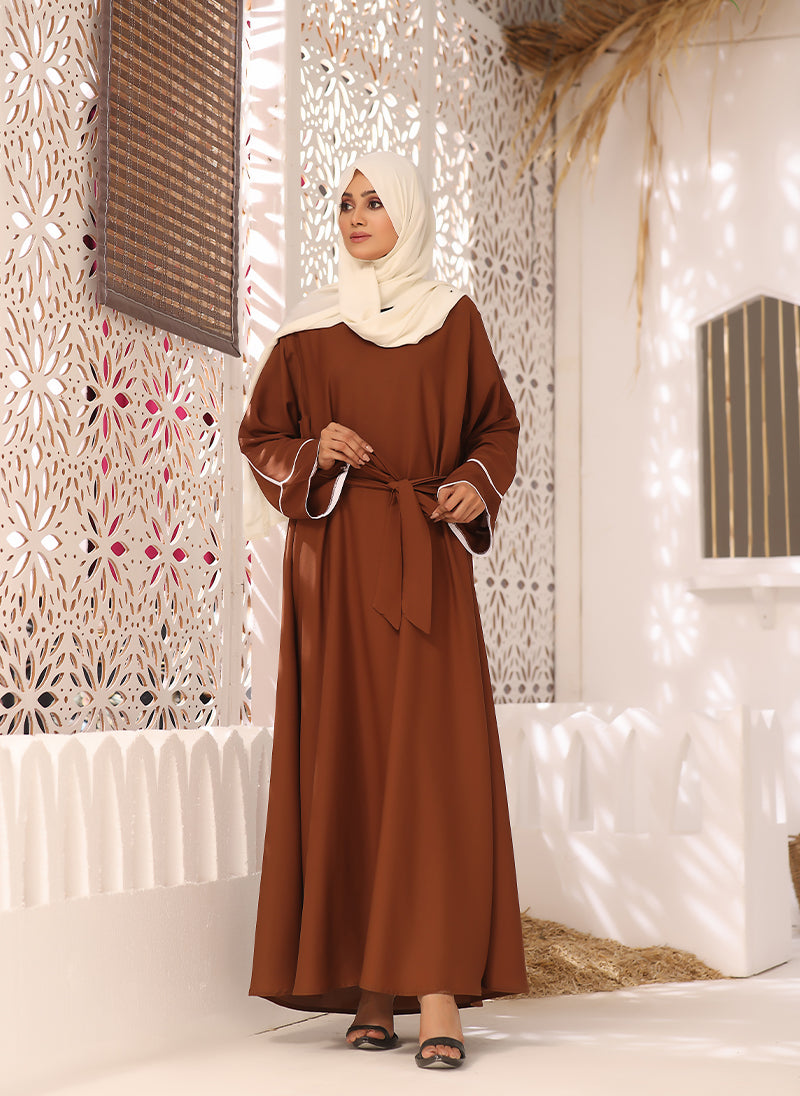 Brown Double Georgette Piping Work Front Closed Abaya