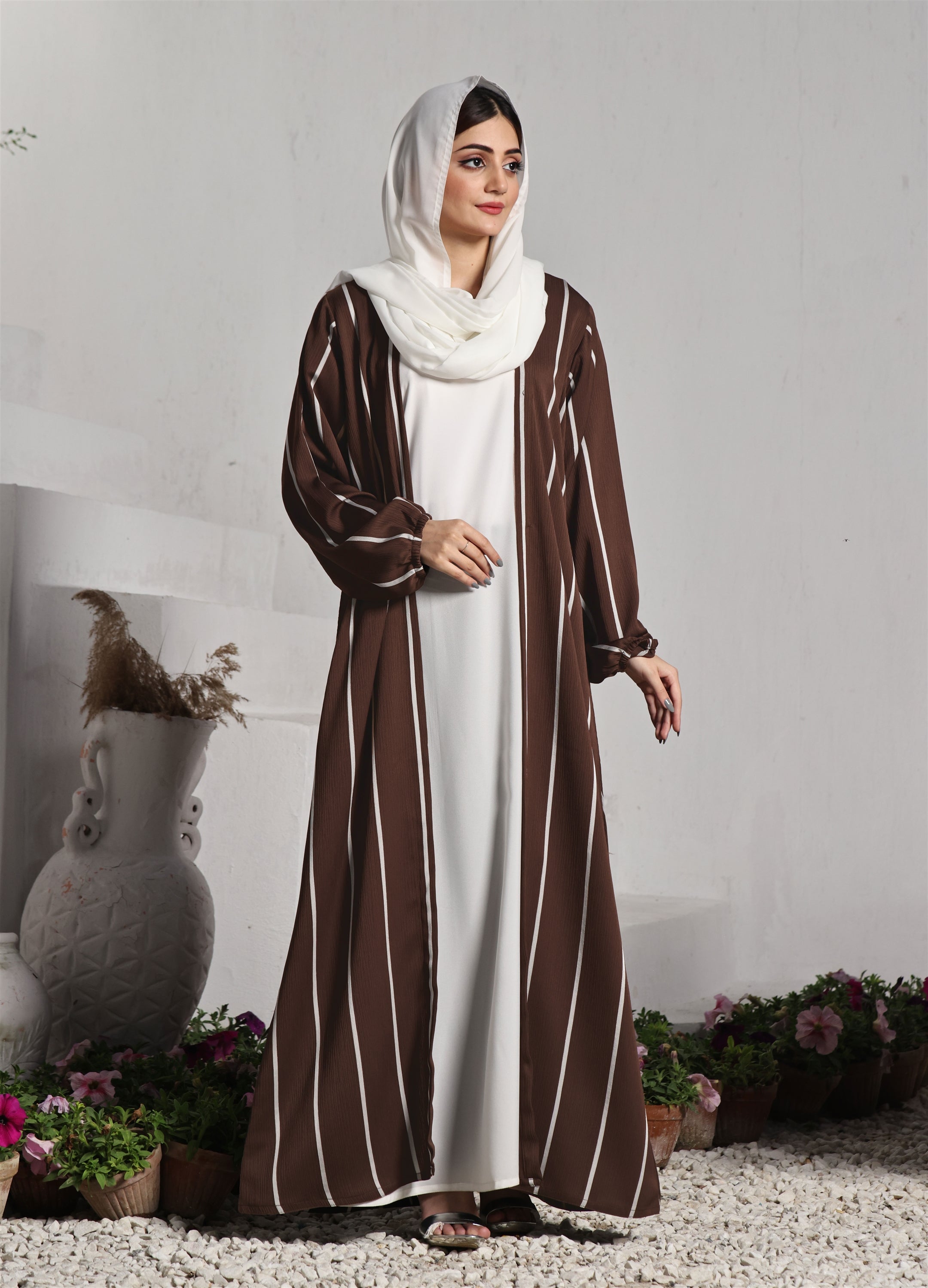 Front Close Double Breast Zoom Fabric Brown Abaya (0122-P-712)