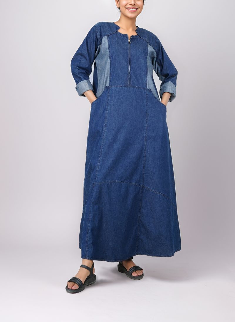 Denim Front-Close Zipper Abaya - 0119-R-981