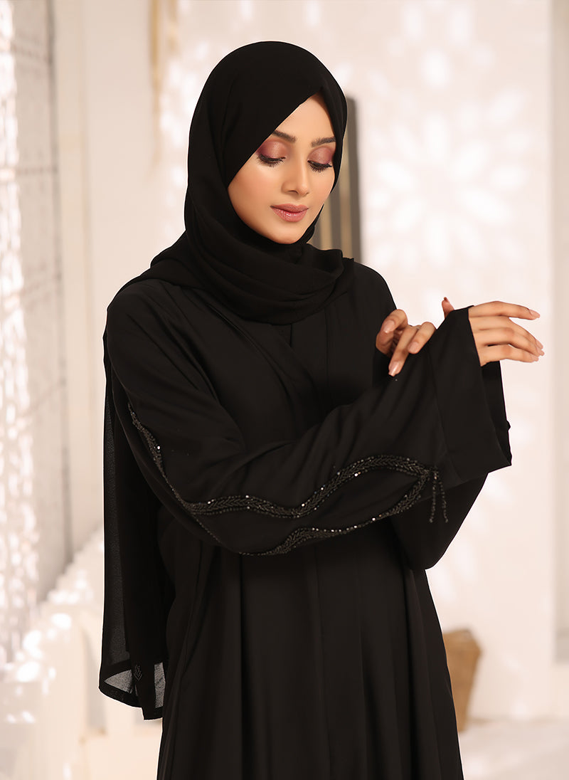 Nooriya: Black Nida Fabric Front Open Hand Embroidery Abaya 