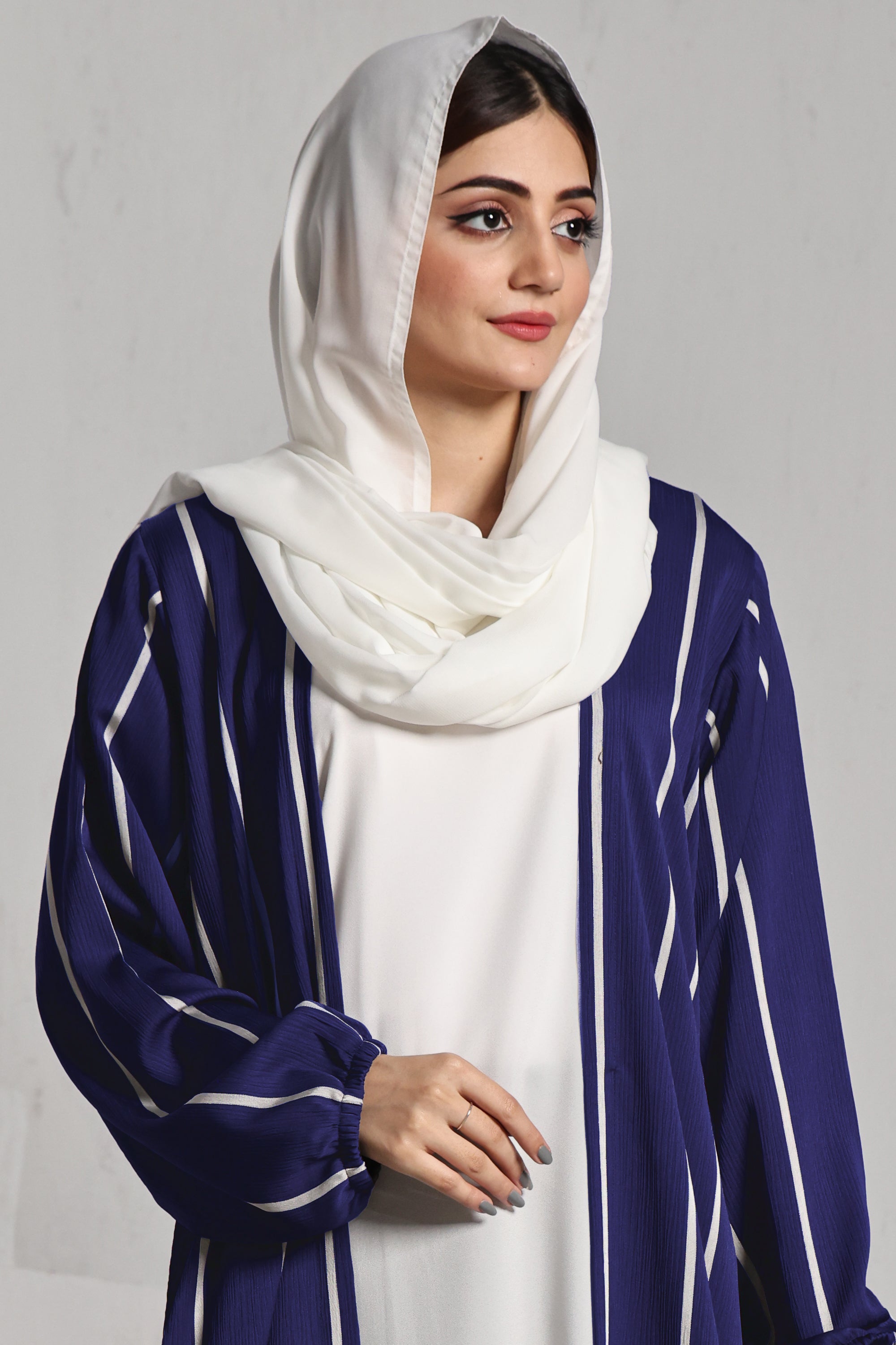 Front Close Double Breast Zoom Fabric Blue Abaya (0122-P-712)