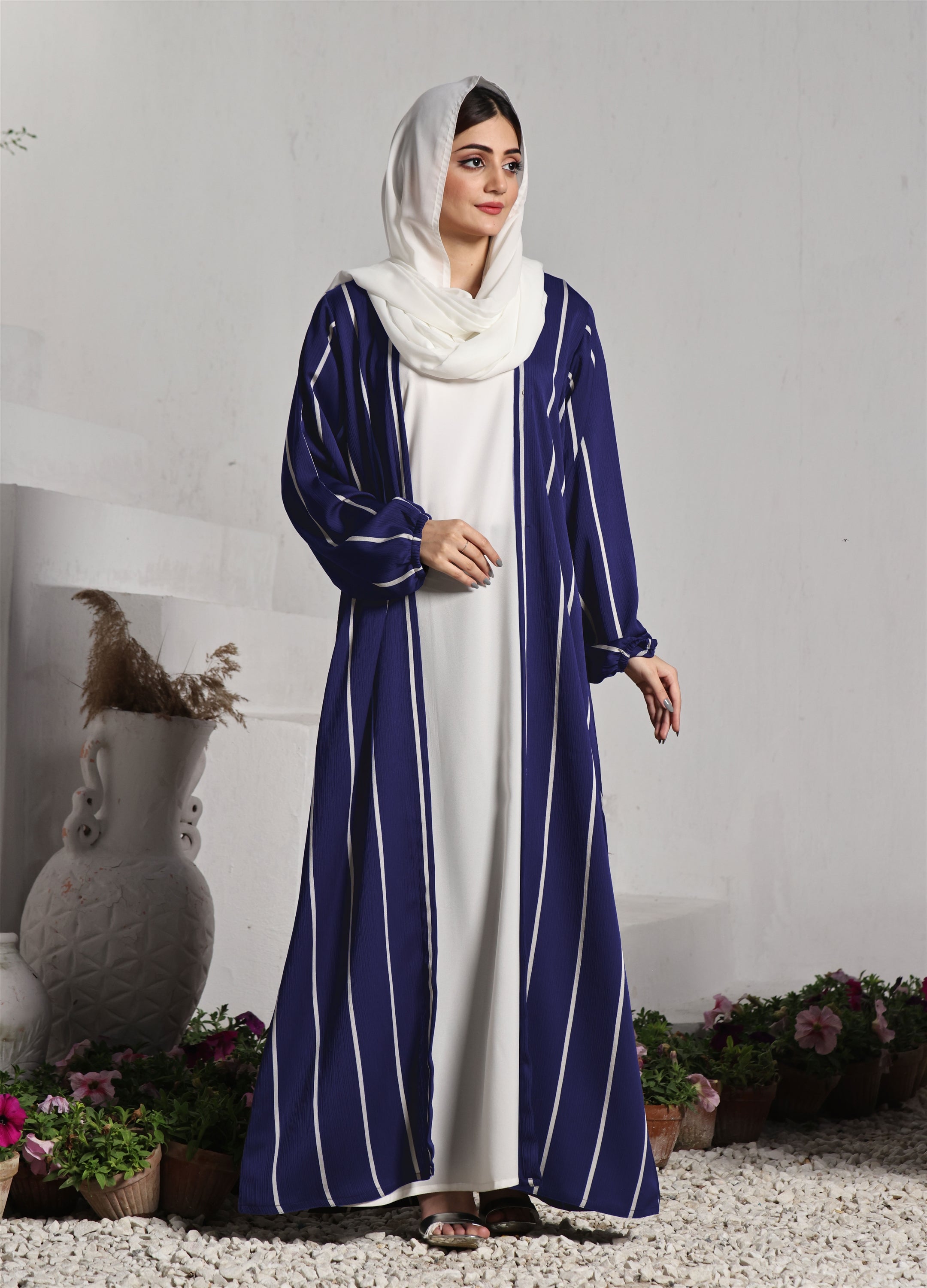 Front Close Double Breast Zoom Fabric Blue Abaya (0122-P-712)