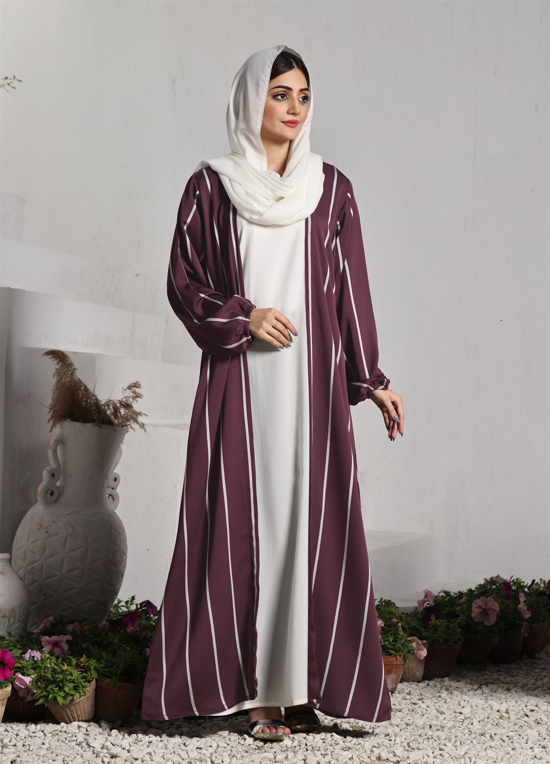 Front Close Double Breast Zoom Fabric Maroon Abaya (0122-P-712)