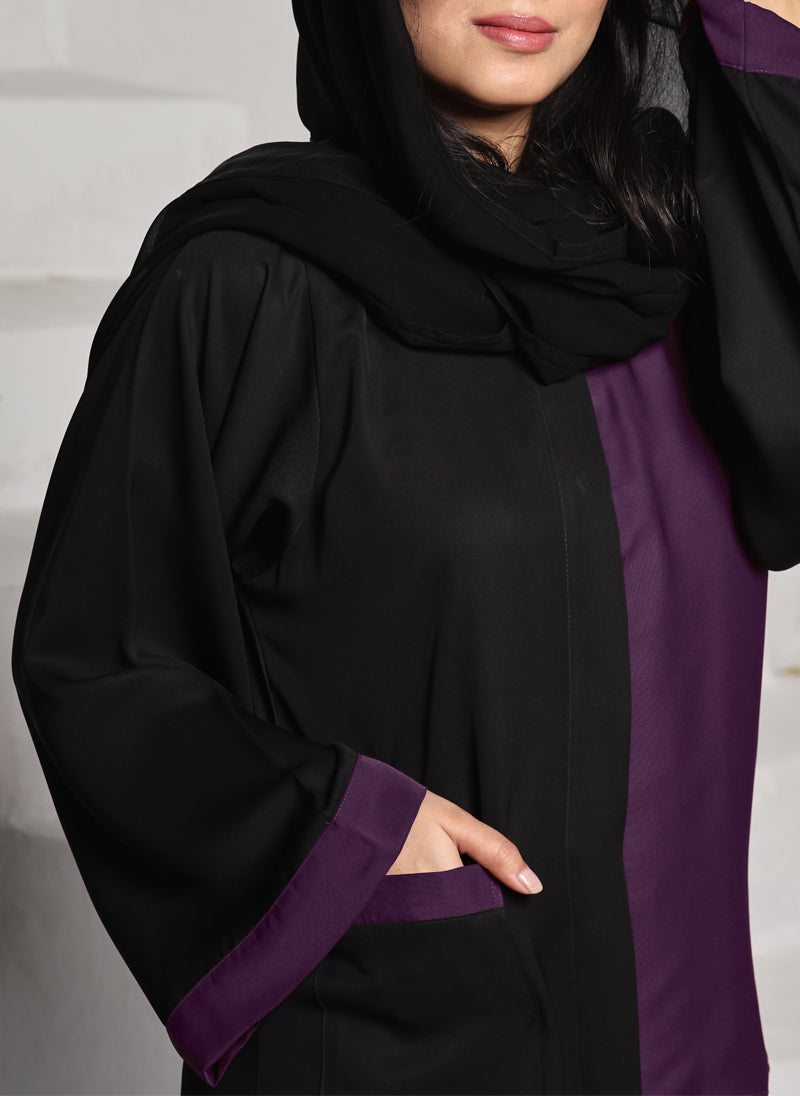 Nida Front Open Abaya Black and Dark Purple 0118-R-A701