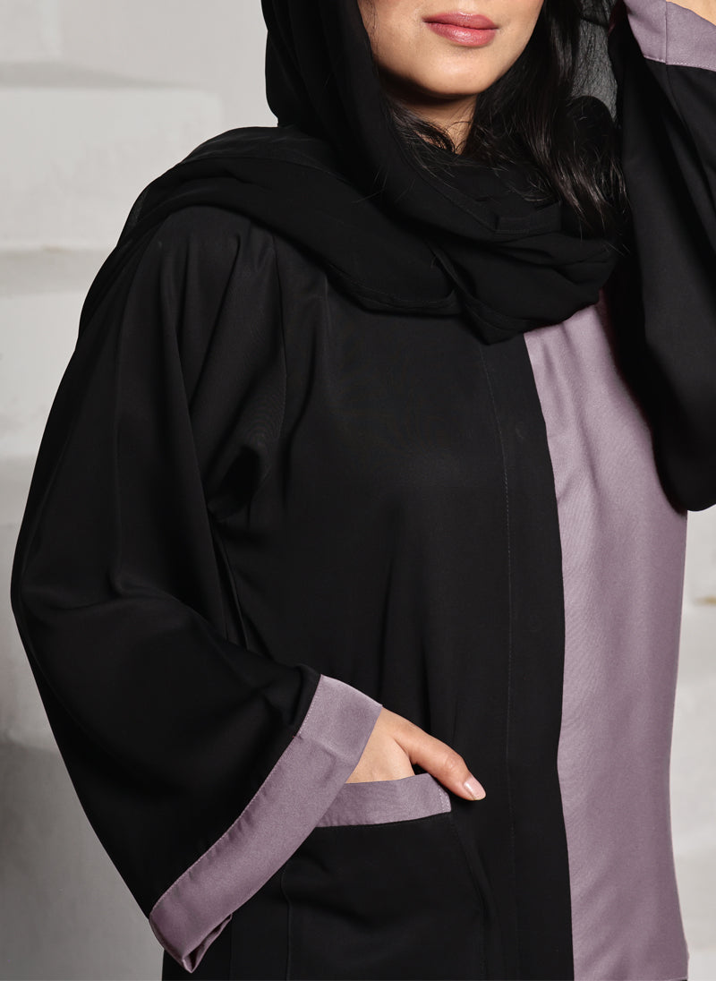 Nida Front Open Abaya Black and Light Grape 0118-R-A701