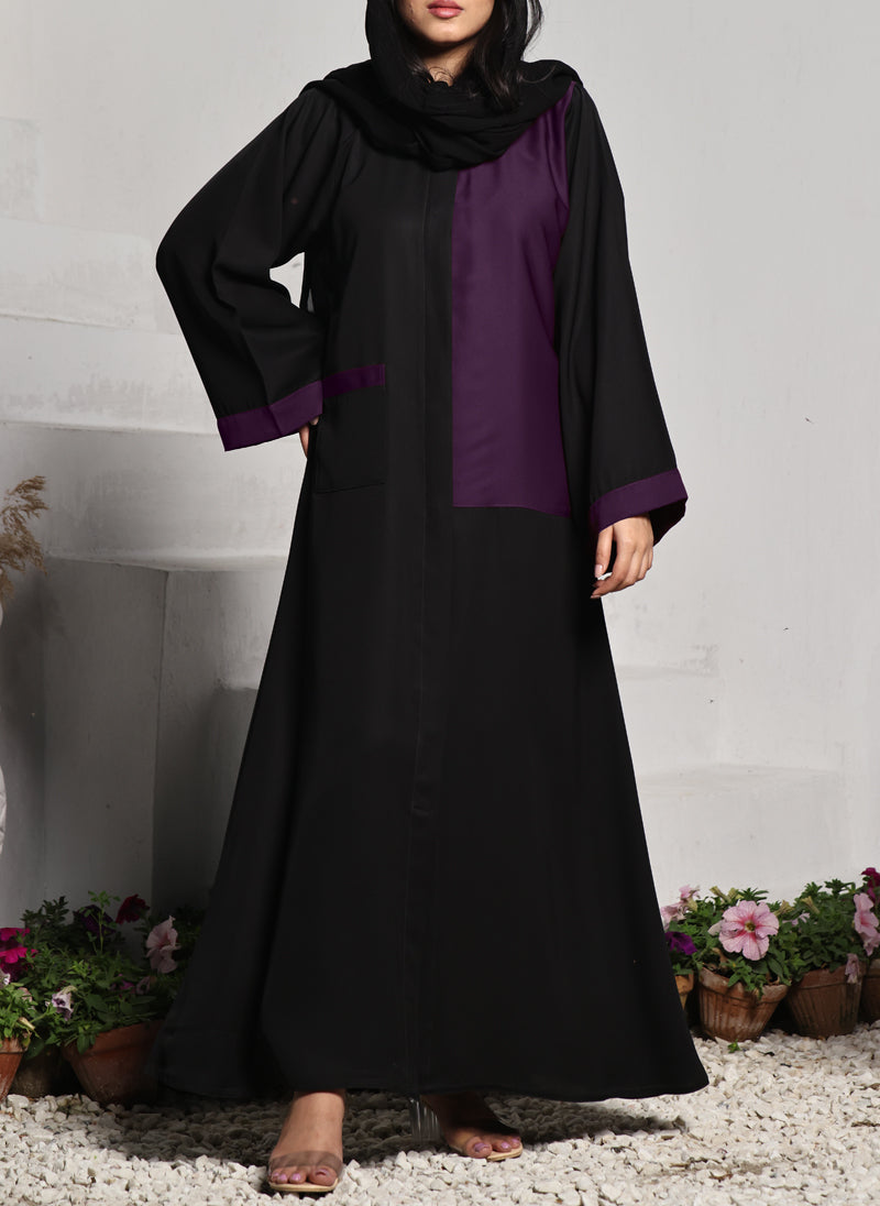 Nida Front Open Abaya Black and Dark Purple 0118-R-A701