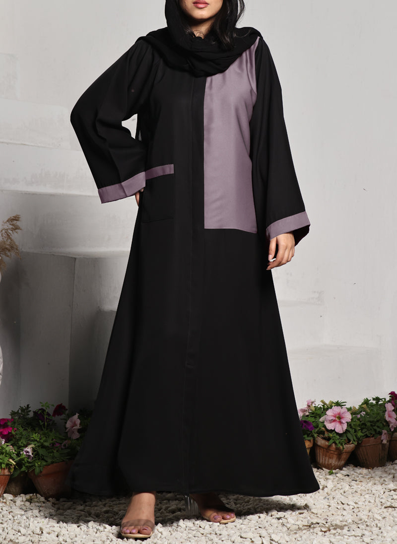 Nida Front Open Abaya Black and Light Grape 0118-R-A701