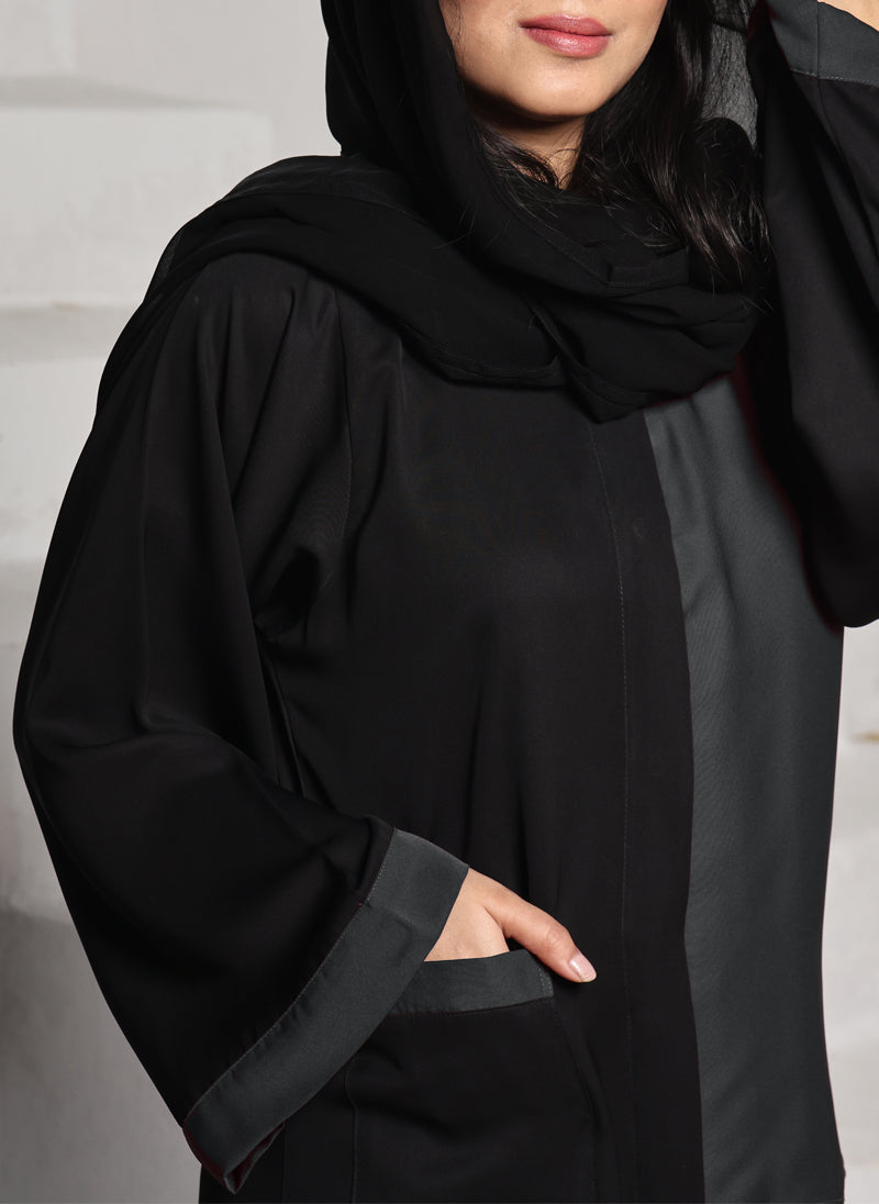 Nida Front Open Abaya Black and Grey 0118-R-A701