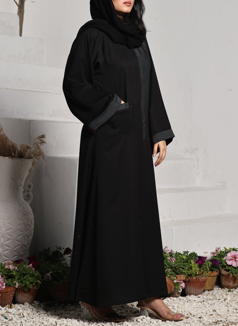 Nida Front Open Abaya Black and Grey 0118-R-A701