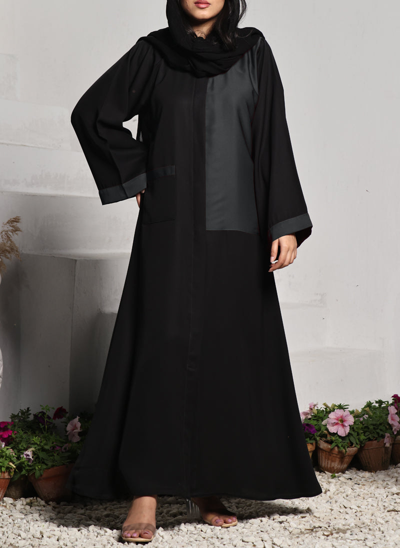 Nida Front Open Abaya Black and Grey 0118-R-A701