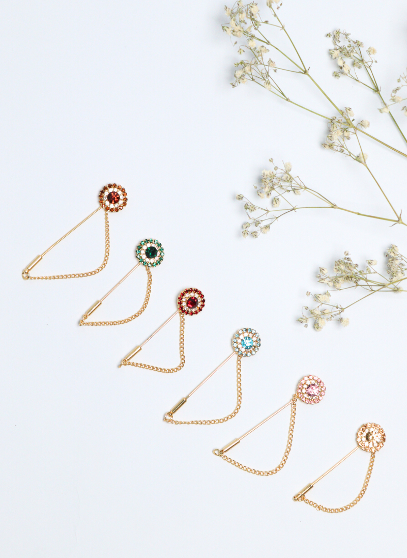 Multi Color Stone Golden Chain Pins