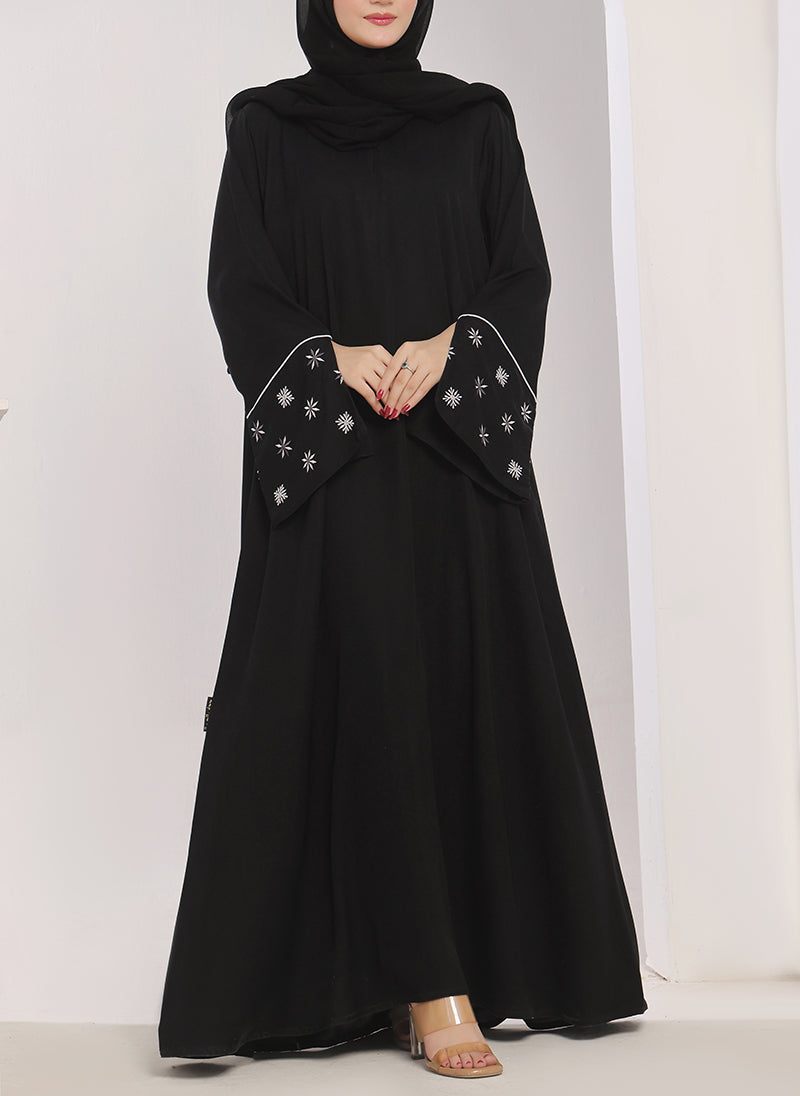 Machine Embroidery Front Close Black Abaya - 0120-E-756 Hijabulhareem