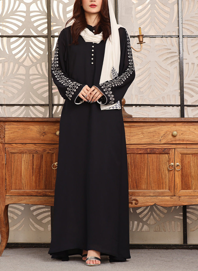 Double Georgette Embroidered Abaya Noir Blue 0119-K-754