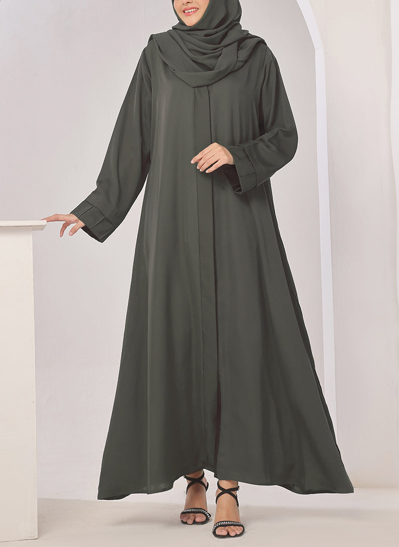 Plates Front Open Grey Abaya - 0116-R-722 Hijabulhareem