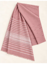 Dusty Rose Turkish lawn scarf with white stripes and fringed edges by Hijab ul Hareem, flat-lay showing fabric and stripe details