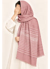 Dusty Rose Turkish lawn scarf with white stripes and fringed edges by Hijab ul Hareem, worn as a hijab