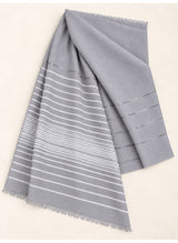 Light Grey Turkish lawn scarf with white stripes and fringed edges by Hijab ul Hareem, flat-lay showing fabric and stripe details