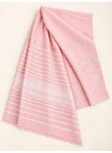 Light Pink Turkish lawn scarf with white stripes and fringed edges by Hijab ul Hareem, flat-lay showing fabric and stripe details