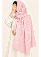 Light Pink Turkish lawn scarf with white stripes and fringed edges by Hijab ul Hareem, worn as a hijab