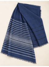 Navy Blue Turkish lawn scarf with white stripes and fringed edges by Hijab ul Hareem, flat-lay showing fabric and stripe details