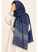 Navy Blue Turkish lawn scarf with white stripes and fringed edges by Hijab ul Hareem, worn as a hijab