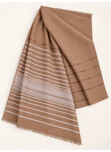Taupe Brown Turkish lawn scarf with white stripes and fringed edges by Hijab ul Hareem, flat-lay showing fabric and stripe details