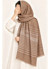 Taupe Brown Turkish lawn scarf with white stripes and fringed edges by Hijab ul Hareem, worn as a hijab