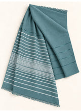 Teal Turkish lawn scarf with white stripes and fringed edges by Hijab ul Hareem, flat-lay showing fabric and stripe details