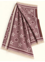 Burgundy floral wool winter scarf, 31 x 72 inches, flat-lay showing floral pattern, borders and fringed ends | Hijab Ul Hareem