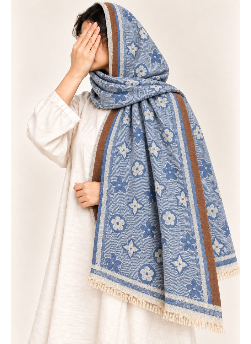 Denim Blue floral wool winter scarf, 31 x 72 inches, worn by a model | Hijab Ul Hareem