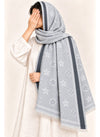 Icy Grey floral wool winter scarf, 31 x 72 inches, worn by a model | Hijab Ul Hareem